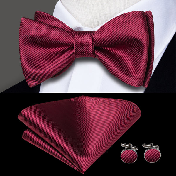 Burgundy Red Striped Self-tied Bow Tie Pocket Square Cufflinks Set