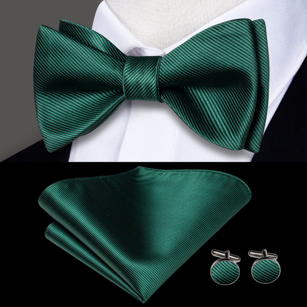 Dark Green Solid Self-tied Bow Tie Pocket Square Cufflinks Set