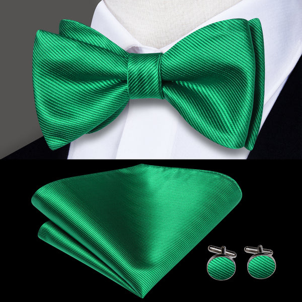 Green Striped Self-tied Bow Tie Pocket Square Cufflinks Set