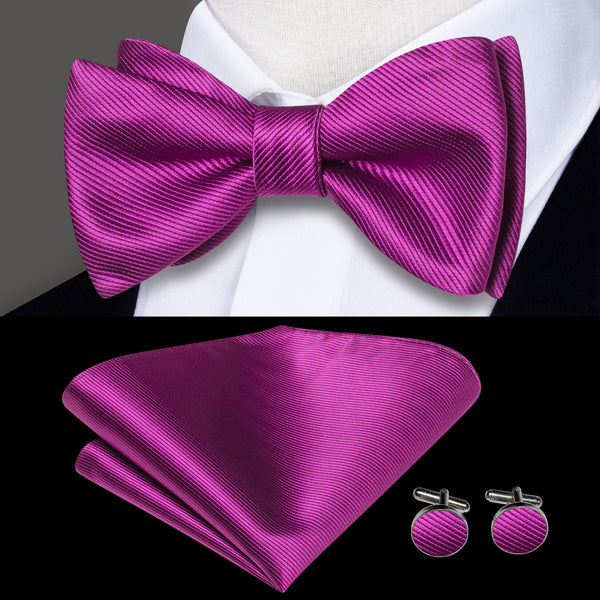 Rose Purple Striped Self-tied Bow Tie Pocket Square Cufflinks Set