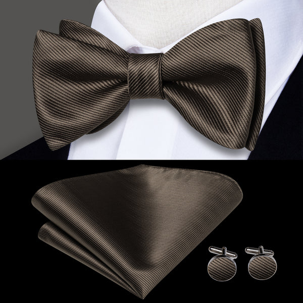 Grey Brown Striped Self-tied Bow Tie Pocket Square Cufflinks Set