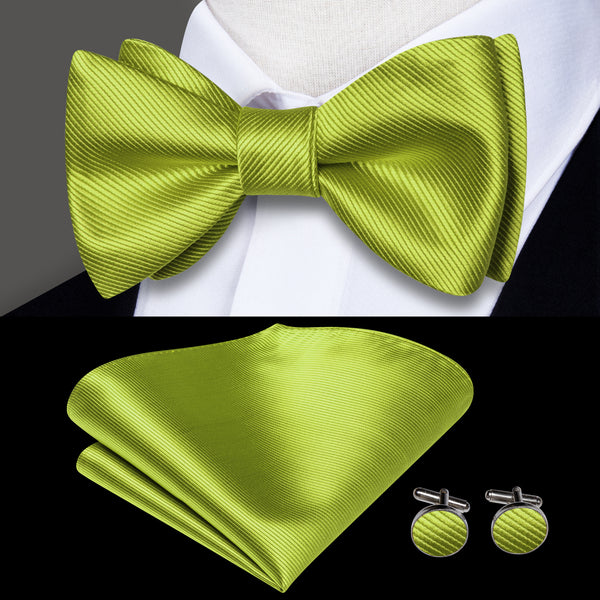 New Apple Green Striped Self-tied Bow Tie Pocket Square Cufflinks Set