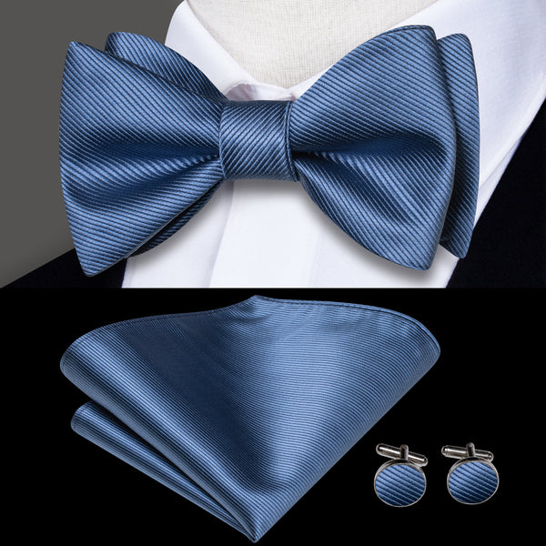 Denim Blue Solid Self-tied Bow Tie Pocket Square Cufflinks Set