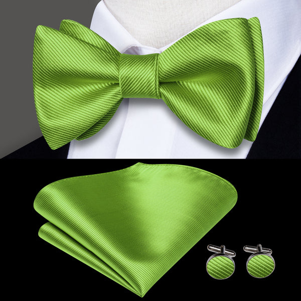 Grass Green Striped Self-tied Bow Tie Pocket Square Cufflinks Set
