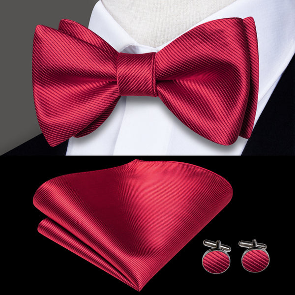 Rose Red Striped Self-tied Bow Tie Pocket Square Cufflinks Set