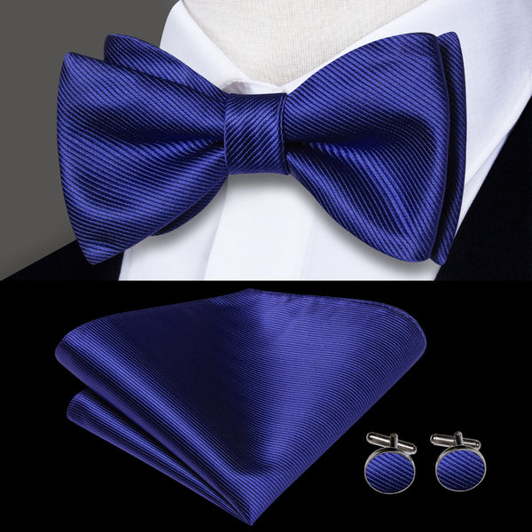 Royal Blue Striped Self-tied Bow Tie Pocket Square Cufflinks Set