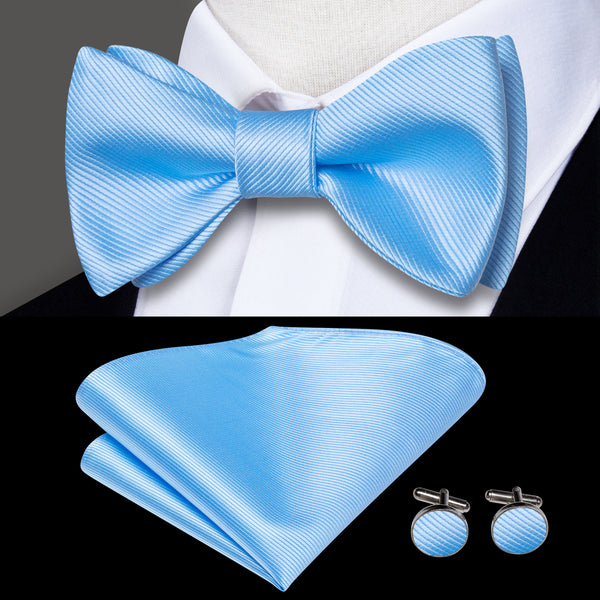 Baby Blue Striped Self-tied Bow Tie Pocket Square Cufflinks Set