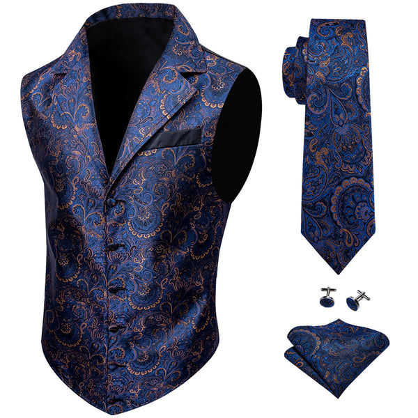 Navy Blue Paisley Jacquard Men's Collar Victorian Suit Vest Tie Hanky Cufflinks Set