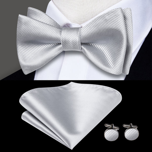 Light Grey Solid Self-tied Bow Tie Pocket Square Cufflinks Set