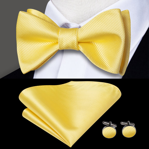 Light Yellow Solid Self-tied Bow Tie Pocket Square Cufflinks Set