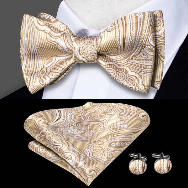 Champagne Paisley Self-tied Bow Tie Pocket Square Cufflinks Set