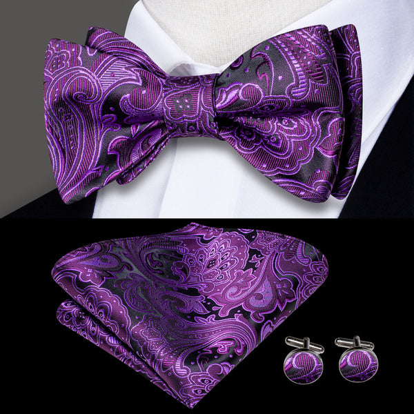 Black Purple Paisley Self-tied Bow Tie Pocket Square Cufflinks Set