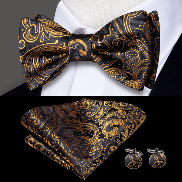 Black Golden Paisley Self-tied Bow Tie Pocket Square Cufflinks Set
