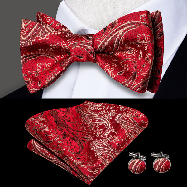 Red Champagne Paisley Self-tied Bow Tie Pocket Square Cufflinks Set