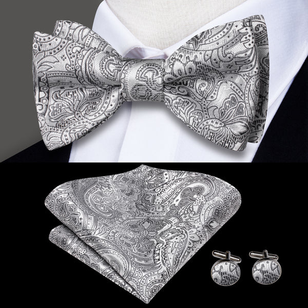 Silver Grey Paisley Self-tied Bow Tie Pocket Square Cufflinks Set
