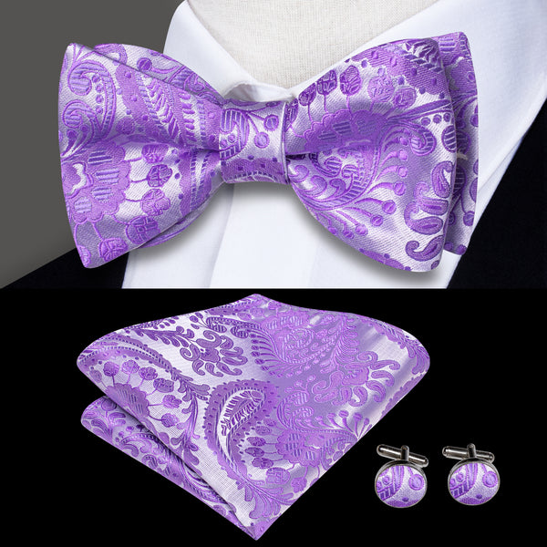 Light Purple Paisley Self-tied Bow Tie Pocket Square Cufflinks Set