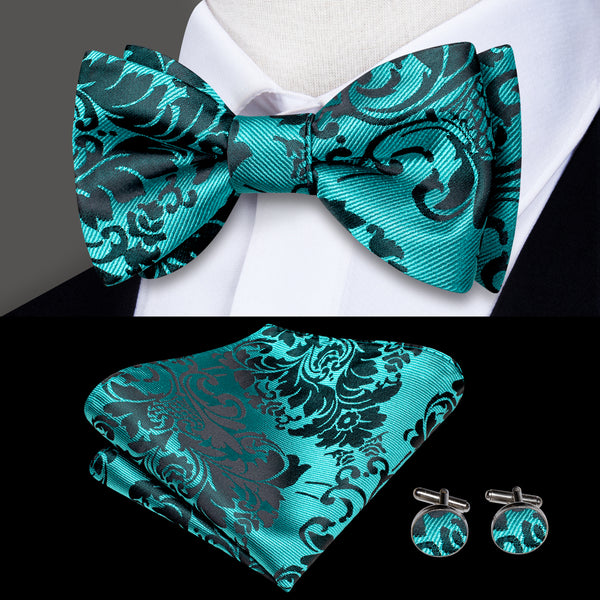 Mint Green Floral Self-tied Bow Tie Pocket Square Cufflinks Set