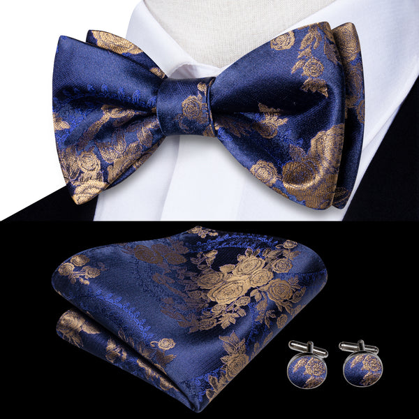 Royal Blue Brown Floral Self-tied Bow Tie Pocket Square Cufflinks Set