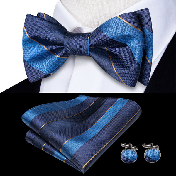 Blue Gradient Striped Self-tied Bow Tie Pocket Square Cufflinks Set