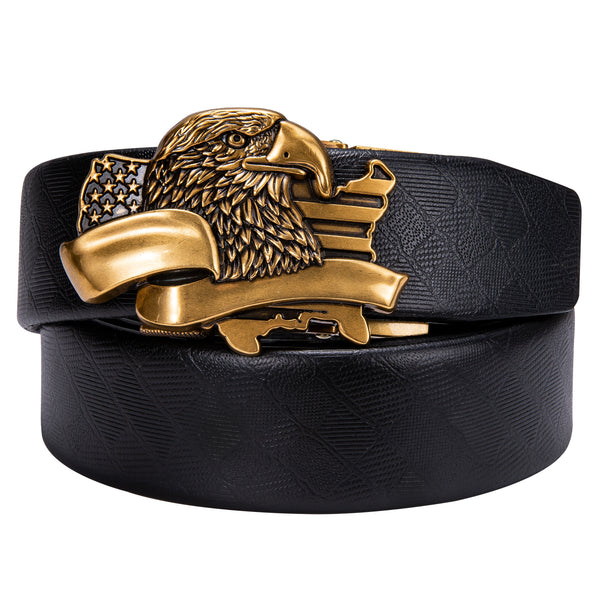Stylish and simple gold eagle metal buckle imitation leather black mens belt adjustable length