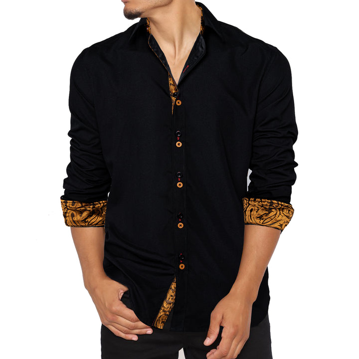 Black Gold Paisley Stitching Long Sleeve silk men shirts