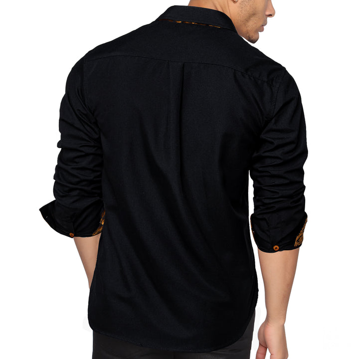 Black Gold Paisley Stitching Silk Men's Long Sleeve black button up men Shirt