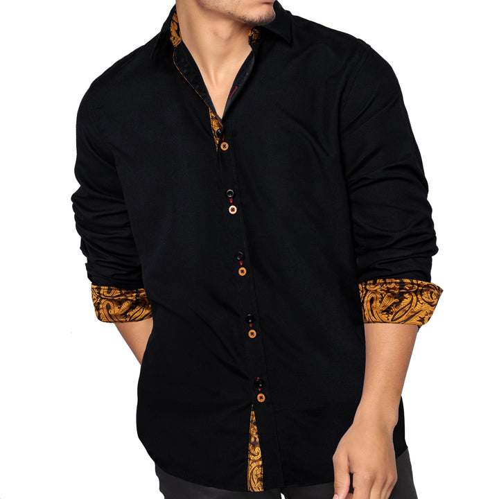 Black Gold Paisley Stitching Silk Men's Long Sleeve black slim fit dress shirt