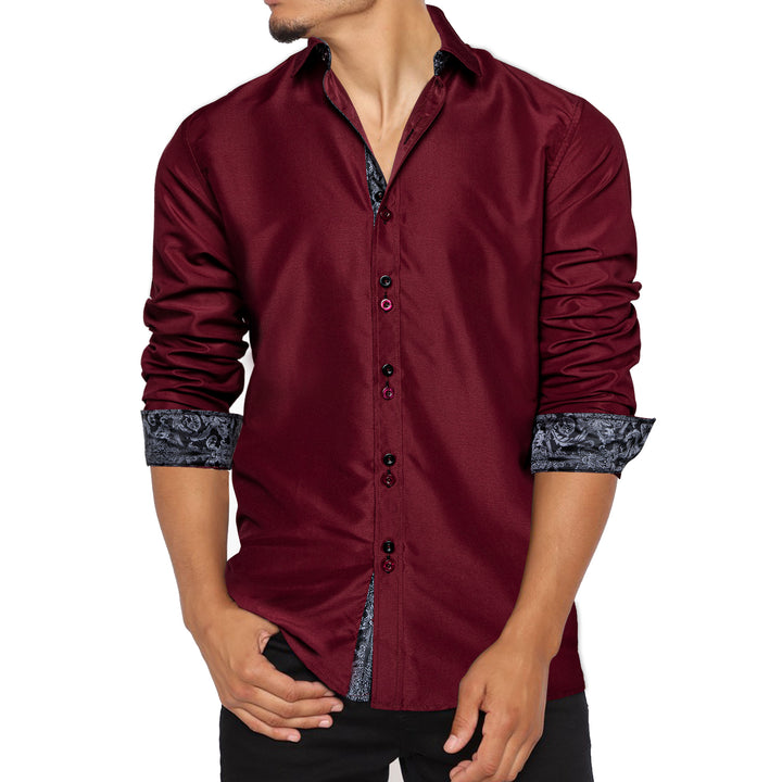 Button Down Shirt Burgundy Black Paisley Stitching Silk Men's slim fit shirts