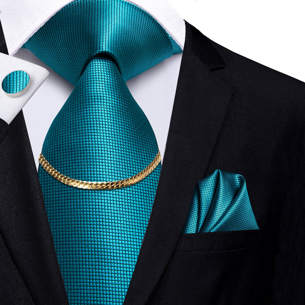 Darkturquoise Green Plaid Silk Fabric Men's Tie Hanky Cufflinks Set with Tie Chain