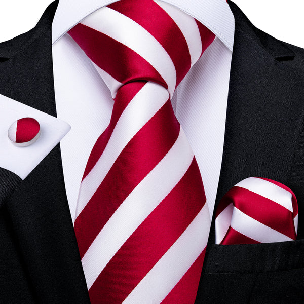 New Red White Striped Tie Pocket Square Cufflinks Set