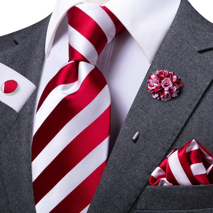 striped white mens red tie and Lapel Pin