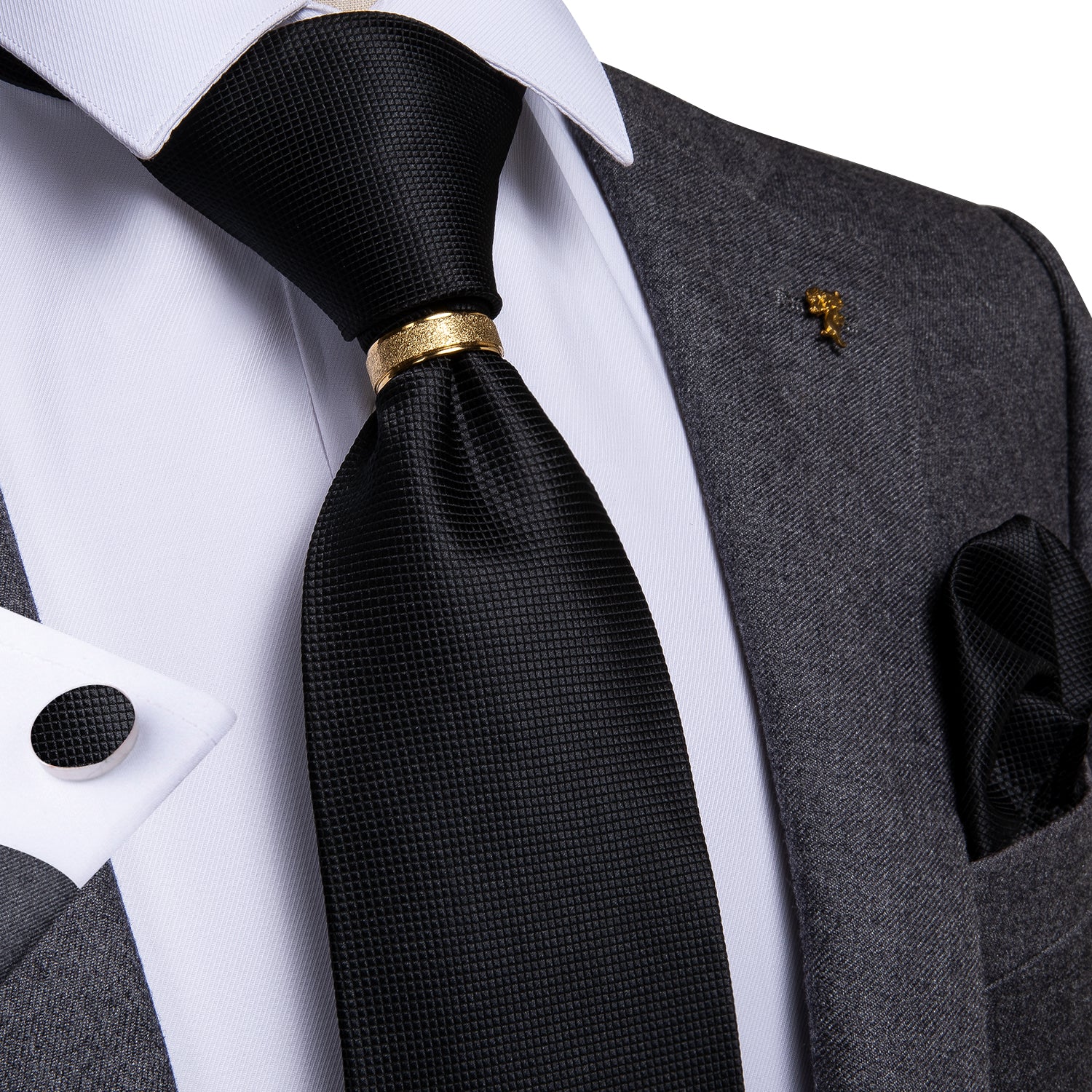 Classic Black Solid Necktie Ring Hanky Cufflinks Set – ties2you