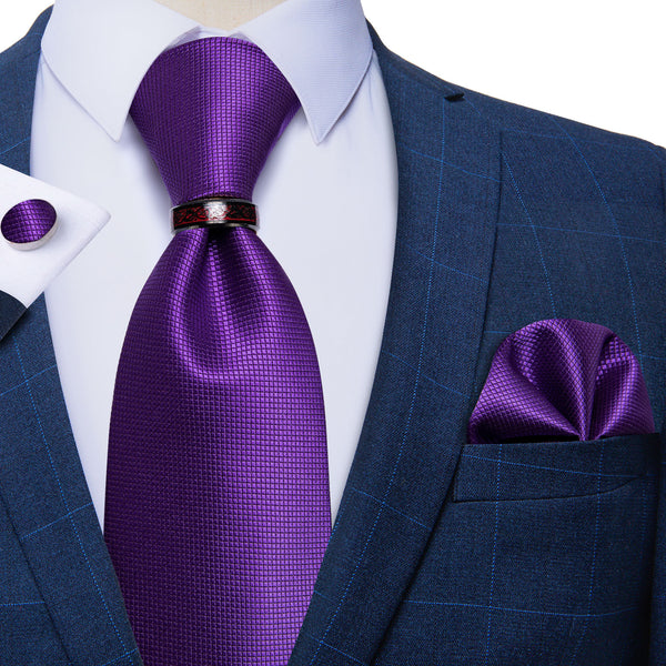 Purple Plaid Tie Ring Pocket Square Cufflinks Set