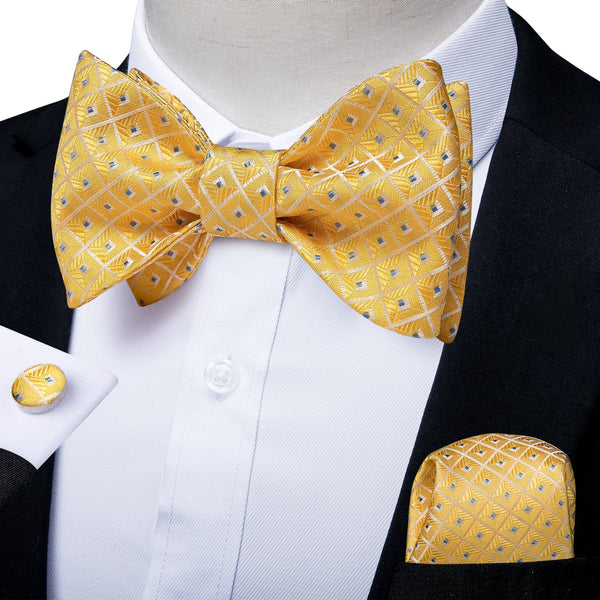 Yellow Blue Dots Silk Self-tied Bow Tie Pocket Square Cufflinks Set