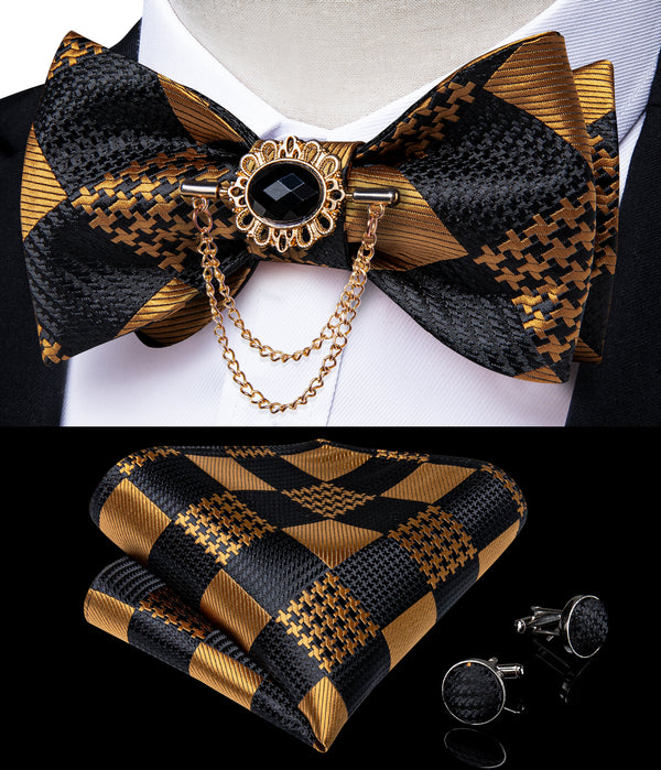 Black Golden Plaid Self-tied Silk Bow Tie Pocket Square Cufflinks Set with Lapel Pin