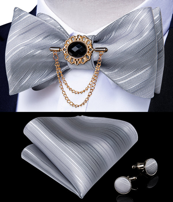 Silver Grey Striped Self-tied Silk Bow Tie Pocket Square Cufflinks Set with Lapel Pin