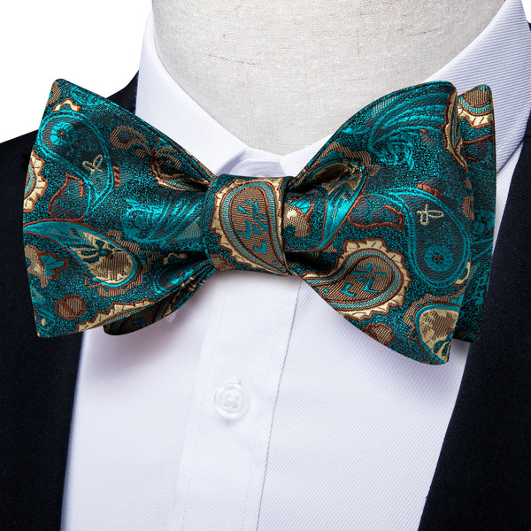 Teal Blue Yellow Self-tied Bow Tie Paisley Pocket Square Cufflinks Set