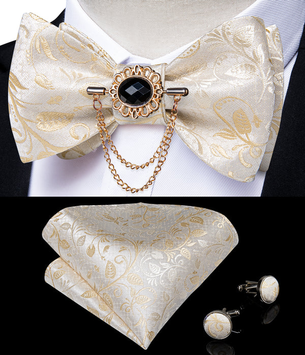 champagne color floral silk mens fashion bow tie handkerchief cufflinks set with tie clip