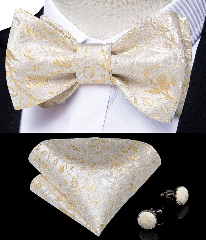 wedding tie champagne color floral silk mens bowtie pocket square cufflinks set for suit dress