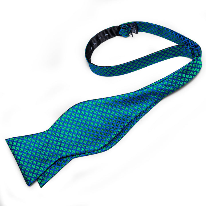 Teal Blue Grid Plaid Self-Bowtie Pocket Sqaure Cufflinks With Lapel Pin (4618910072913)