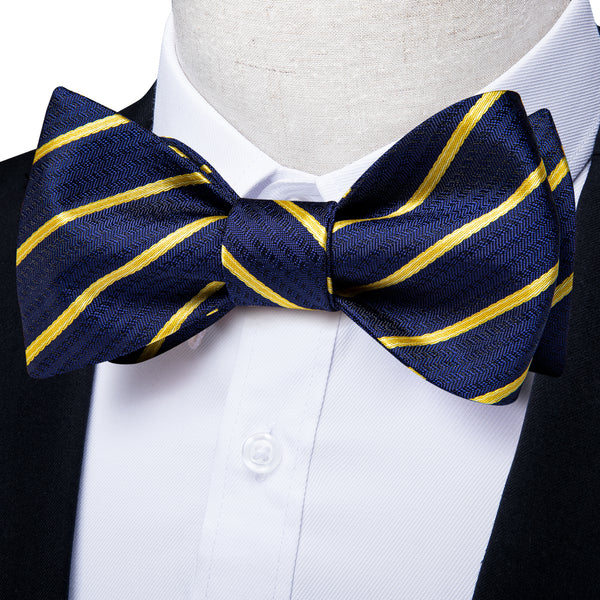 Dark Blue Golden Striped Self-tied Silk Bow Tie Pocket Square Cufflinks Set with Lapel Pin