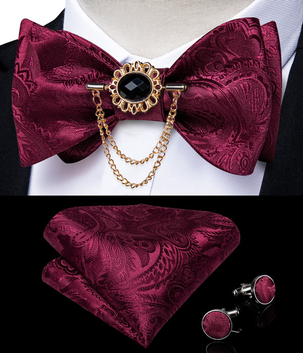 Burgundy Wine Red Paisley Self-tied Silk Bow Tie Pocket Square Cufflinks Set with Lapel Pin