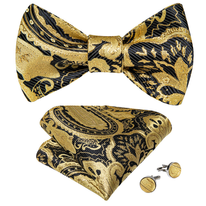 Golden Black Paisley mens silk bow tie self tie