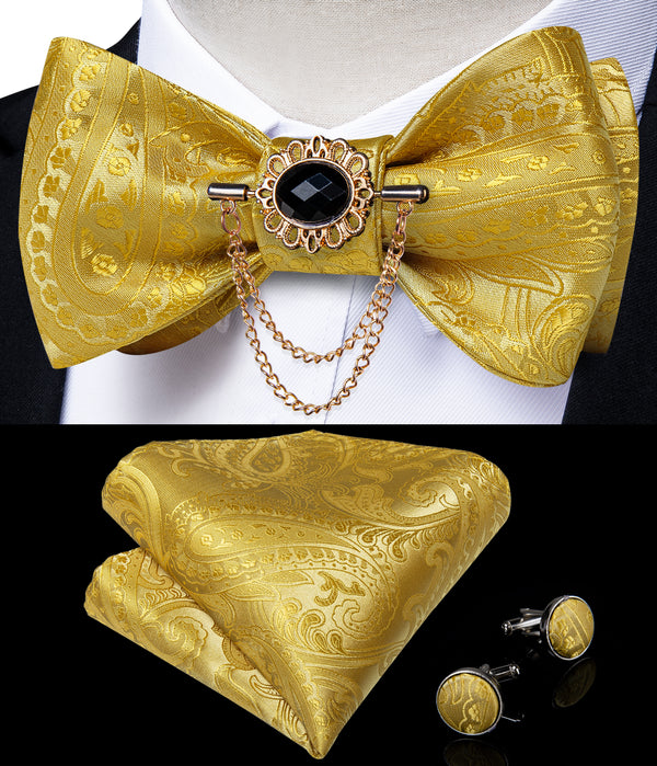 Shinning Yellow Paisley Self-tied Silk Bow Tie Pocket Square Cufflinks Set with Lapel Pin