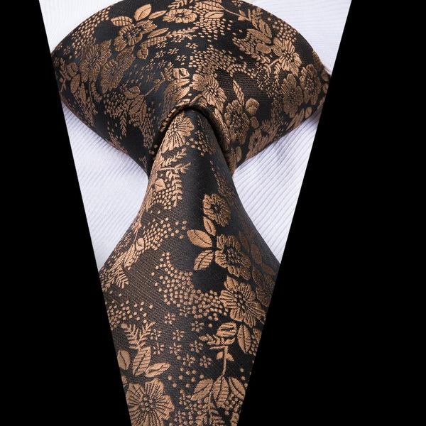 Brown Floral Silk Tie Pocket Square Cufflinks Set