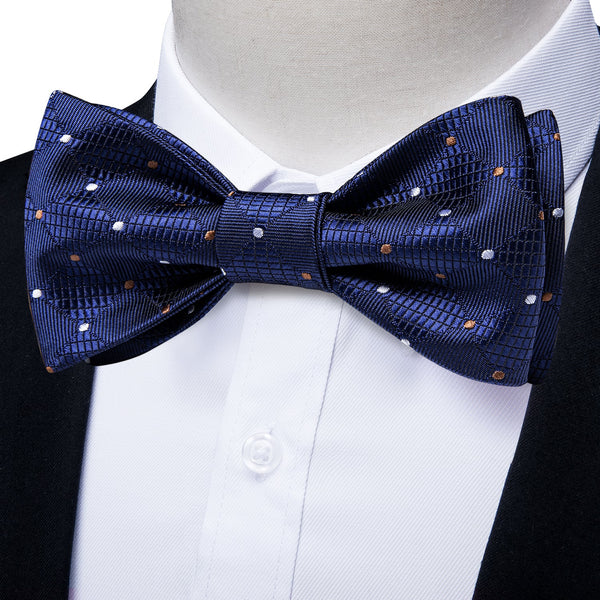 Blue White Plaid Self-tied Bow Tie Pocket Square Cufflinks Set