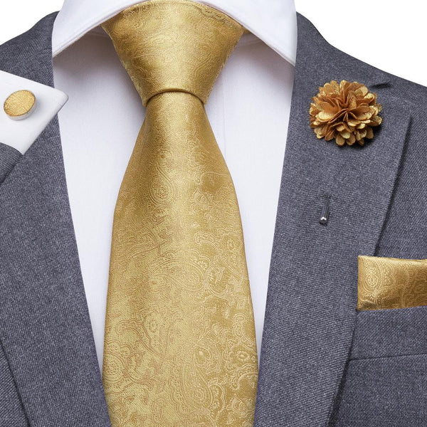 Royal Yellow Paisley Men's Necktie Pocket Square Cufflinks Set with Lapel Pin