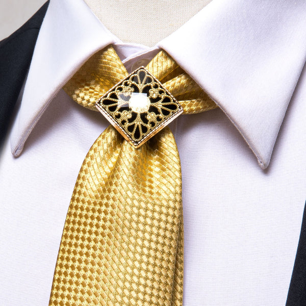 Shinning Yellow Plaid Men's Necktie Pocket Square Cufflinks Set with Tie Buckle