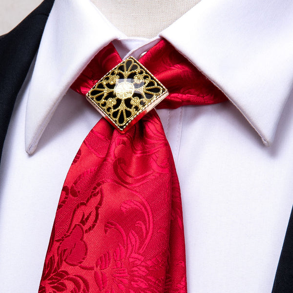 Positive Red Floral Men's Necktie Pocket Square Cufflinks Set with Tie Buckle