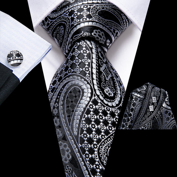 Black White Paisley Silk Men's Tie Handkerchief Cufflinks Set